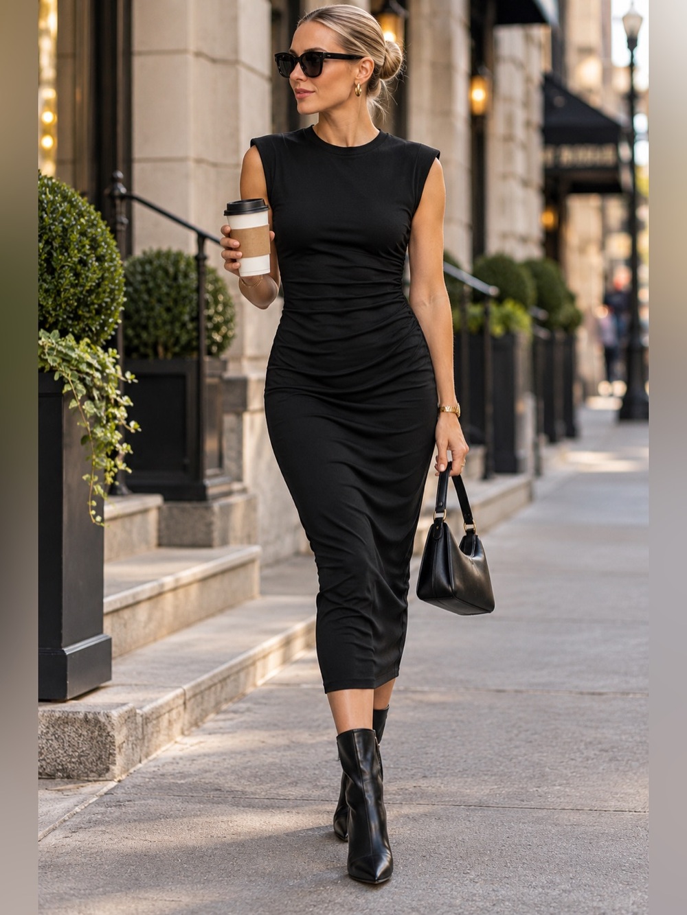 WeWoreWhat Black Ruched Midi Dress XS Shoulder Pad Sleeveless Bodycon